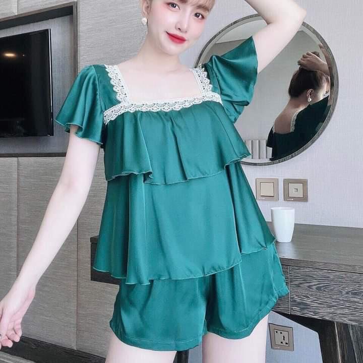 Đồ Bộ Mặc Nhà Nữ quần đùi vải Lụa Satin Phối Ren Freesize dưới 58kg * Đồ ngủ sexy