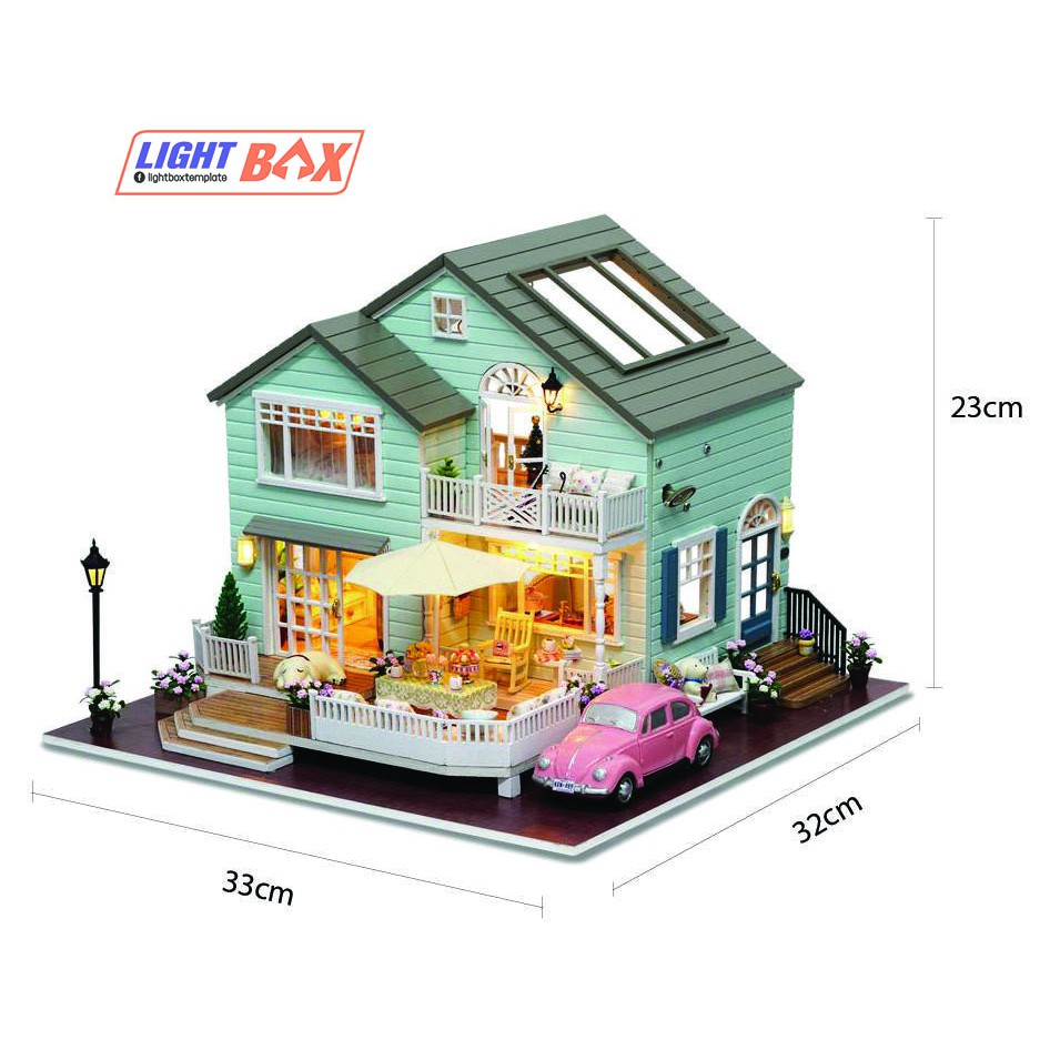 Nhà búp bê tự làm QWEENS TOWN - Tặng CÓT NHẠC, đèn LED và Khung bảo vệ MICA - XE HƠI - CHÓ CẢNH (FULL PHỤ KIỆN KEO)