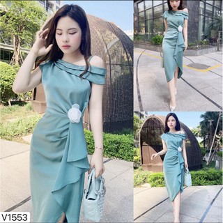 Đầm xanh lệch vai đính hoa sang chảnh V1553