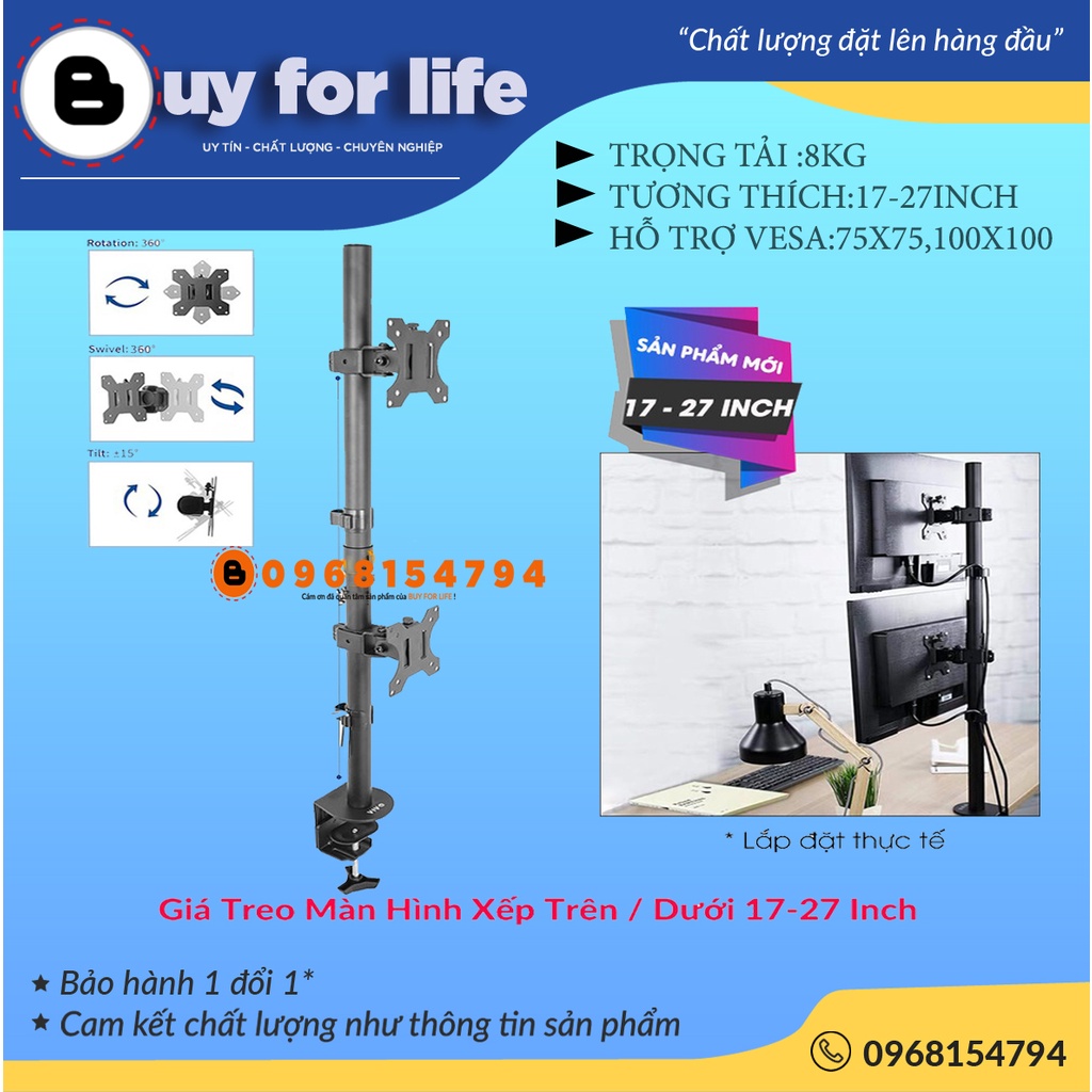 [Trụ 80Cm] Giá Treo Hai Màn Hình Kẹp Bàn 17 – 27 Inch Tay Treo Hai Màn Hình Máy Tính Xếp Màn Trên / Dưới - Xoay Màn 360°