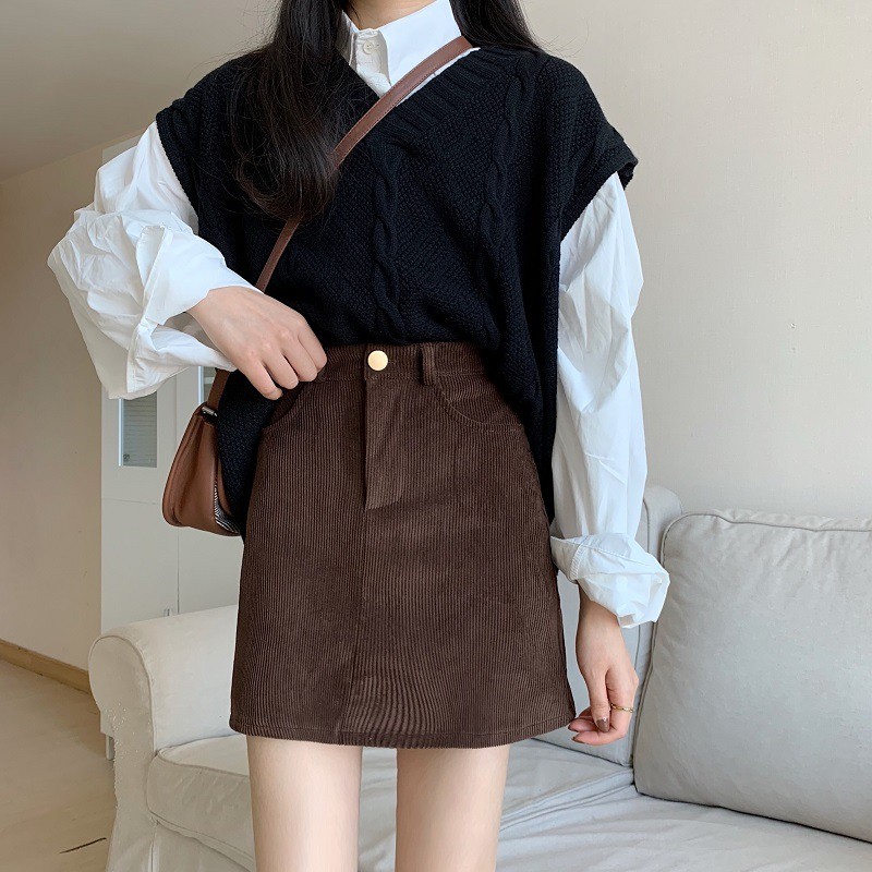 Chân Váy Ngắn Chữ A Vải Nhung Khuy Sắt, Chân Váy Chữ A Ulzzang Cạp Cao