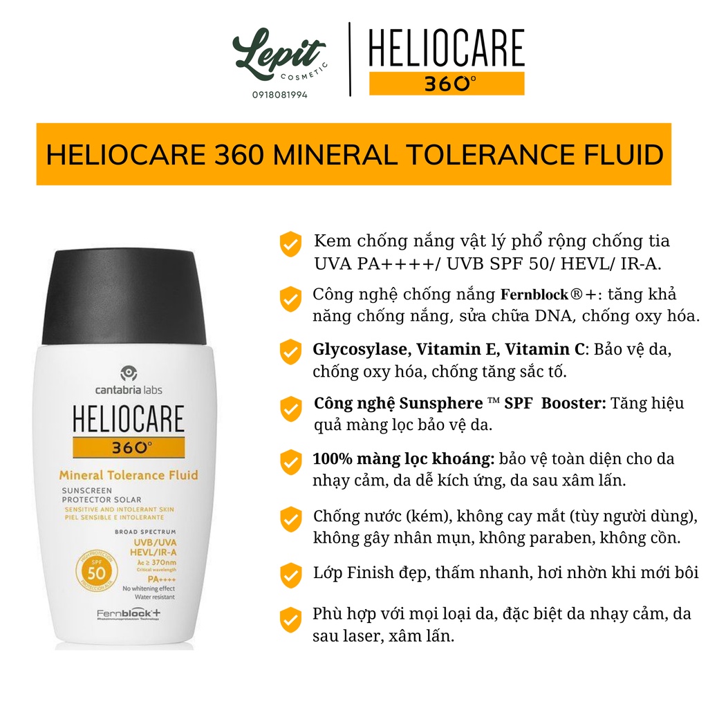 Kem chống nắng HelioCare Water Gel, Mineral Tolerance Fluid và Pigment Solution Fluid 50ml - Lepit Cosmetic