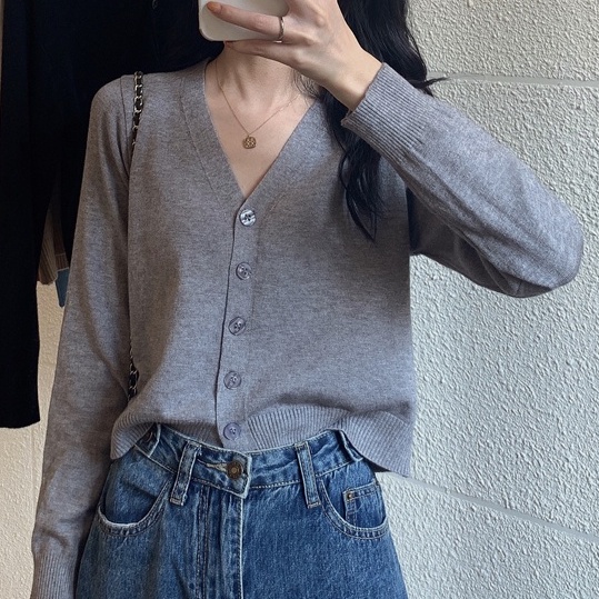 【ZHELIHANGFEI】Áo Cardigan Dệt Kim Tay Dài Cổ Chữ V Lưng Cao Dễ Phối Đồ