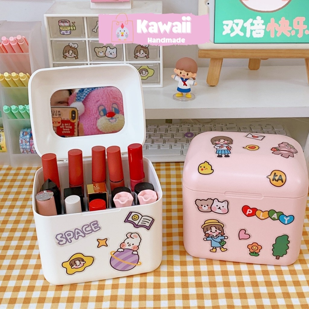 Hộp đựng son có gương 20 ô tặng kèm sticker đáng yêu Kawaii Handmade
