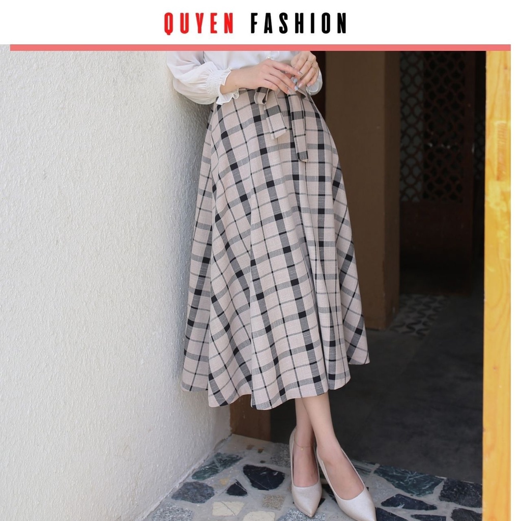 Chân váy midy kẻ thắt nơ, chun sau cạp liền, thời trang công sở nữ Quyên Fashion