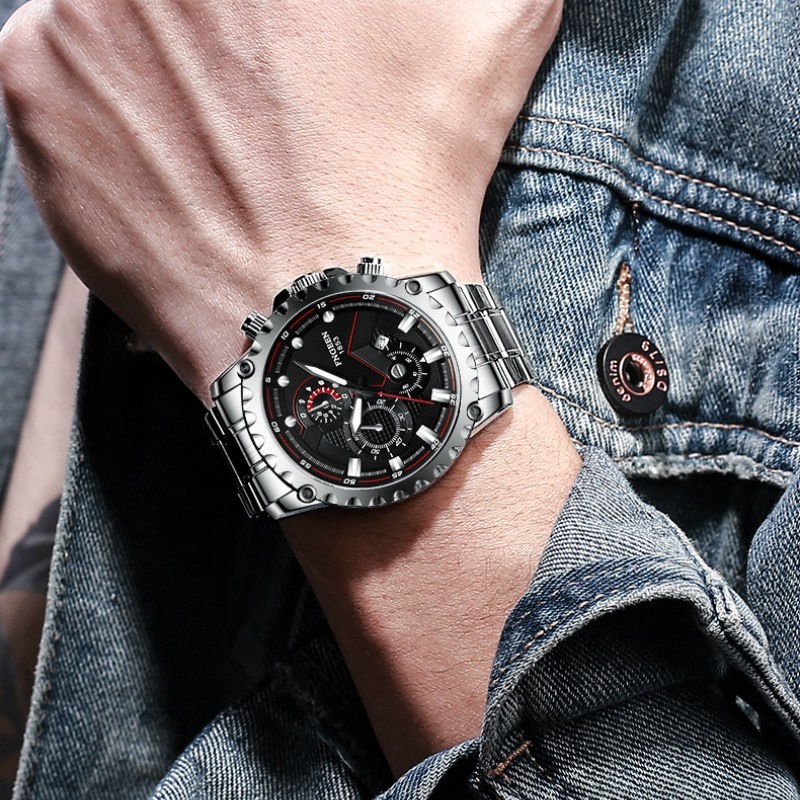 Đồng hồ nam FNGEEN F3 mặt tròn có lịch ngày, dây thép không gỉ