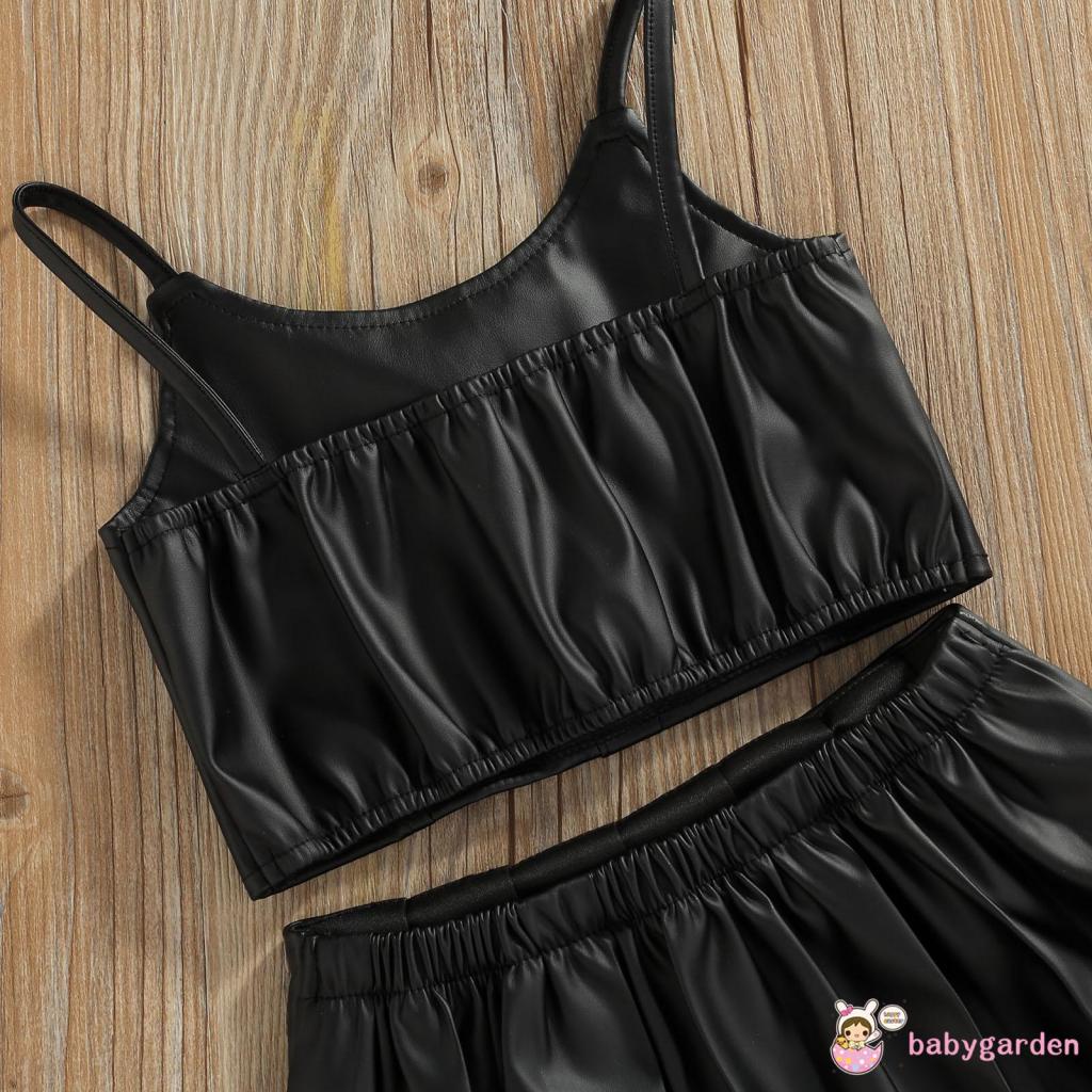 BABYGARDEN-1-6years Baby Girls Casual Suit, Solid Color Sleeveless Sling Tops+Button Pleated Short Skirt, Black
