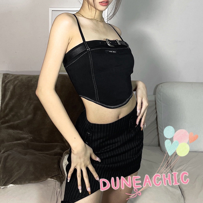 DUNEA Áo Denim Trễ Vai Phối Khóa Thời Trang Cho Nữ