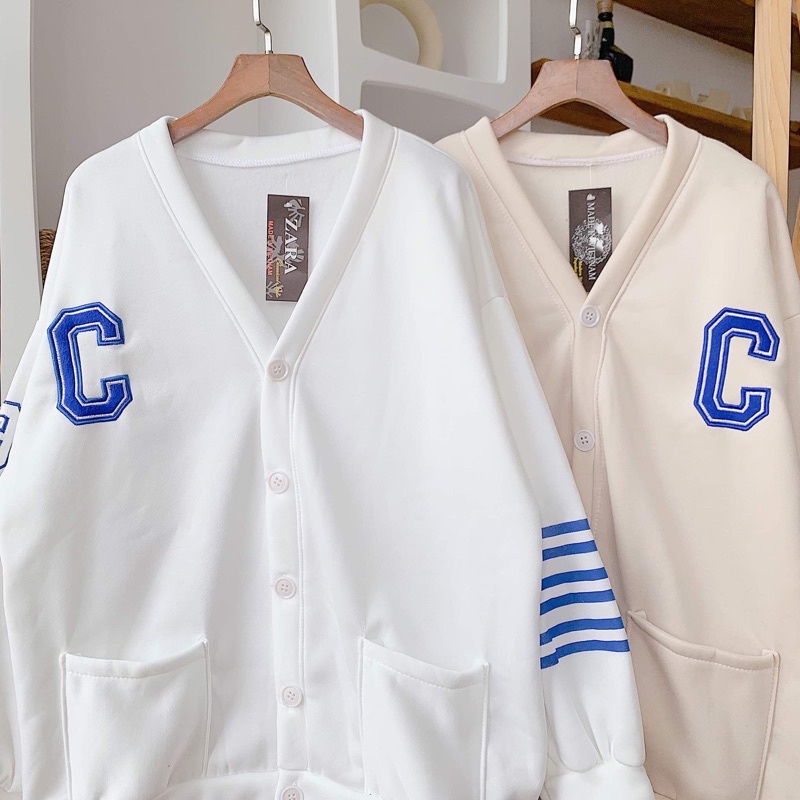 Áo khoác cardigan nỉ bông cotton unisex Thêu chữ viền tay hai màu, dáng rộng cổ chữ V phong cách Hàn Quốc ullzang | BigBuy360 - bigbuy360.vn