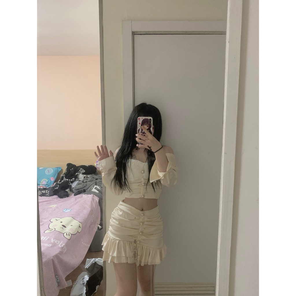 Set áo váy lụa nhún viền bèo dài tay