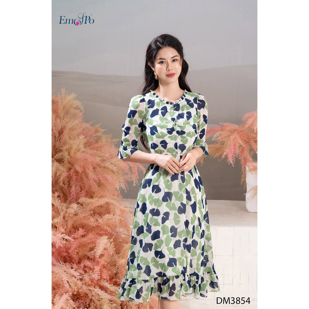 Đầm hoa lá nữ cổ tròn thời trang, tay lửng Emspo DM3854