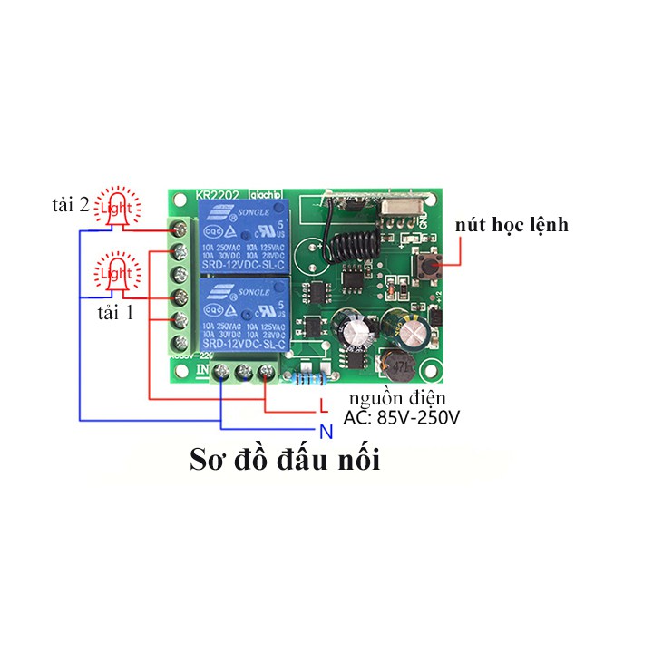 Bộ công tắc điều khiển từ xa 2 cổng 10A/220V học lệnh tần số 433MHZ