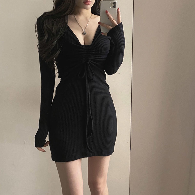 Đầm Dệt Kim Cổ Chữ V Phối Dây Rút Thời Trang Quyến Rũ Cho Nữ