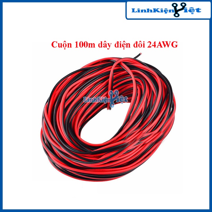 Cuộn 100 mét dây điện đôi đỏ đen nhiều lõi 24AWG lõi nhiều sợi nhỏ, vỏ bọc cách điện tốt