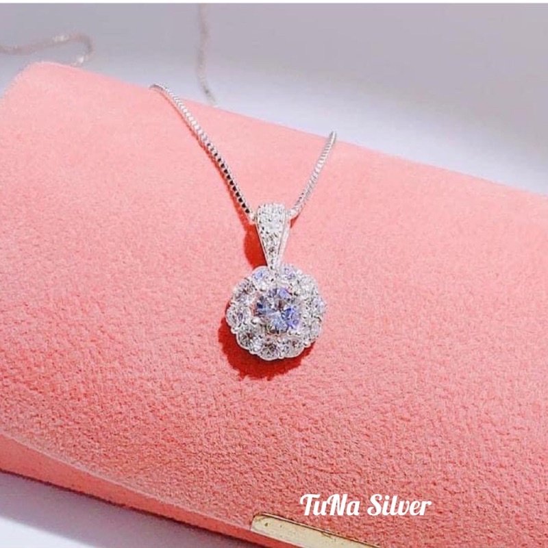 Dây chuyền Bạc mặt gắn đá pha lê, Vòng cổ Bạc nữ tròn đính đá cao cấp TUNASILVER,  𝐂𝐚𝐦 𝐤𝐞̂́𝐭 𝐜𝐡𝐮𝐚̂̉𝐧 𝐁𝐚̣𝐜