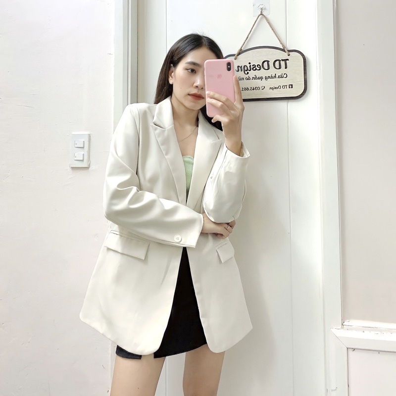 Áo khoác blazer màu trắng kem dáng xuông