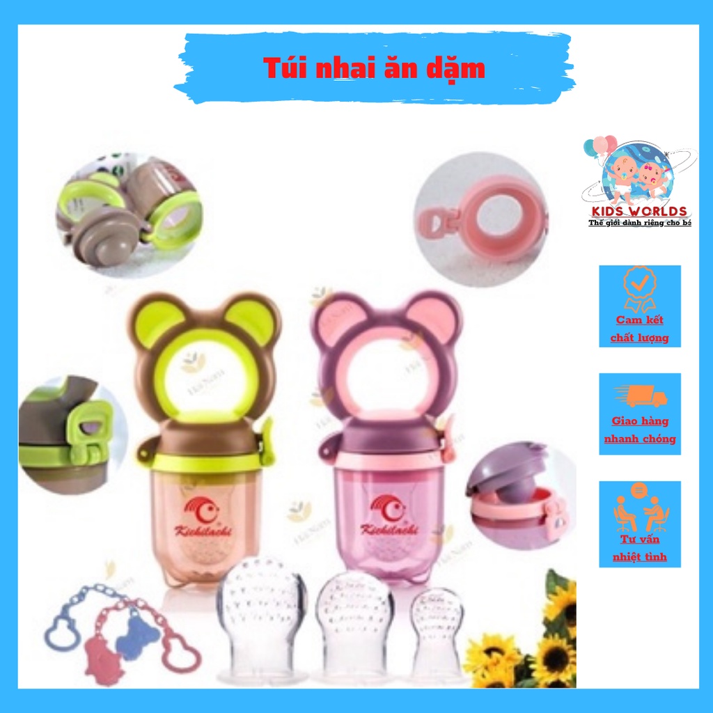 Túi nhai ăn dặm chống hóc cho bé kèm dây đeo và 2 núm