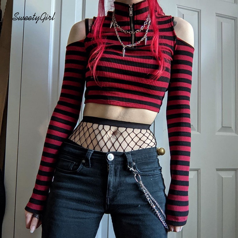 Áo Croptop Tay Dài Cổ Cao Họa Tiết Kẻ Sọc Màu Sắc Tương Phản Phối Khóa Kéo Thời Trang Cho Nữ