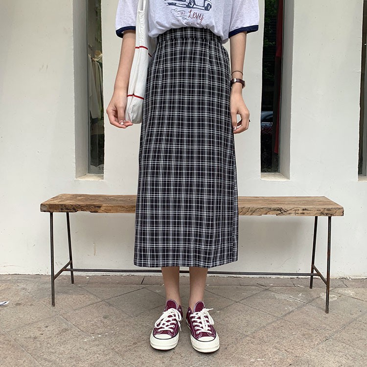 SUXI Chân Váy Chữ A Lưng Cao Họa Tiết Kẻ Sọc Phong Cách Hàn Quốc