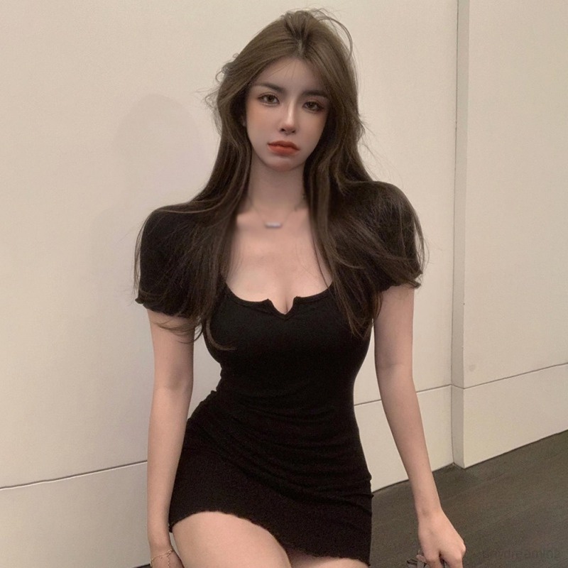 Đầm Tay Ngắn Cổ Vuông Màu Sắc Trơn Phong Cách Hàn Quốc Dành Cho Nữ