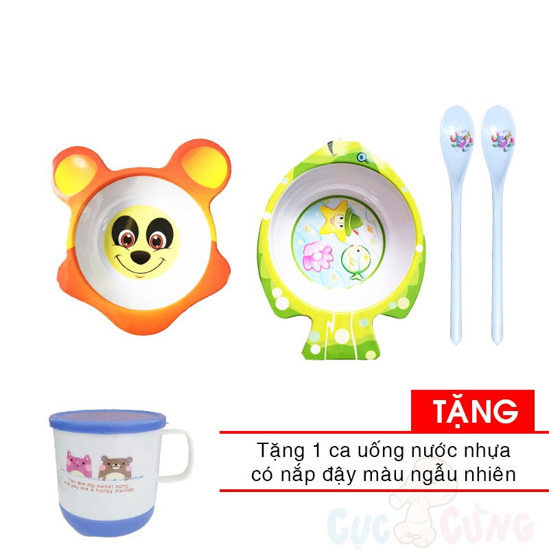 Tô trẻ em in hình cá bằng nhựa + Chén cho bé tập ăn hình gấu bằng nhựa + 2 muỗng ăn dặm cán dài TẶNG 1 ca uống nước