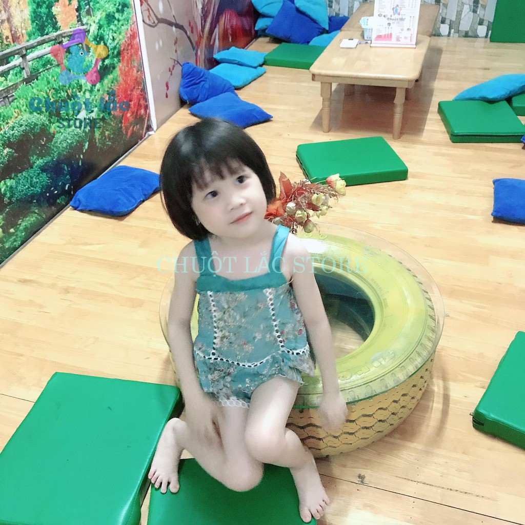 Bộ quần áo bé gái 2 dây chất voan lụa thêu ren cực xinh cho bé từ 8kg đến 20kg( màu xanh, kem)