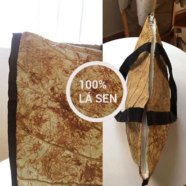 Túi lá sen tự nhiên lót vải - vẽ tay hoạ tiết (lotus leaf bag) 40x30cm