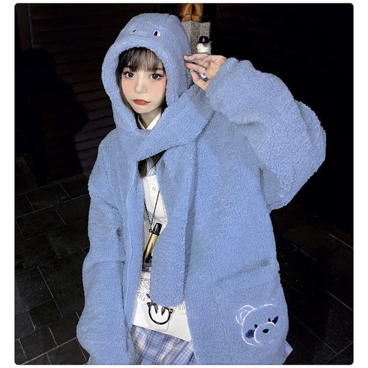 Áo khoác lông cừu dày dặn có nón trùm đầu xinh xắn dễ thương cho nữ