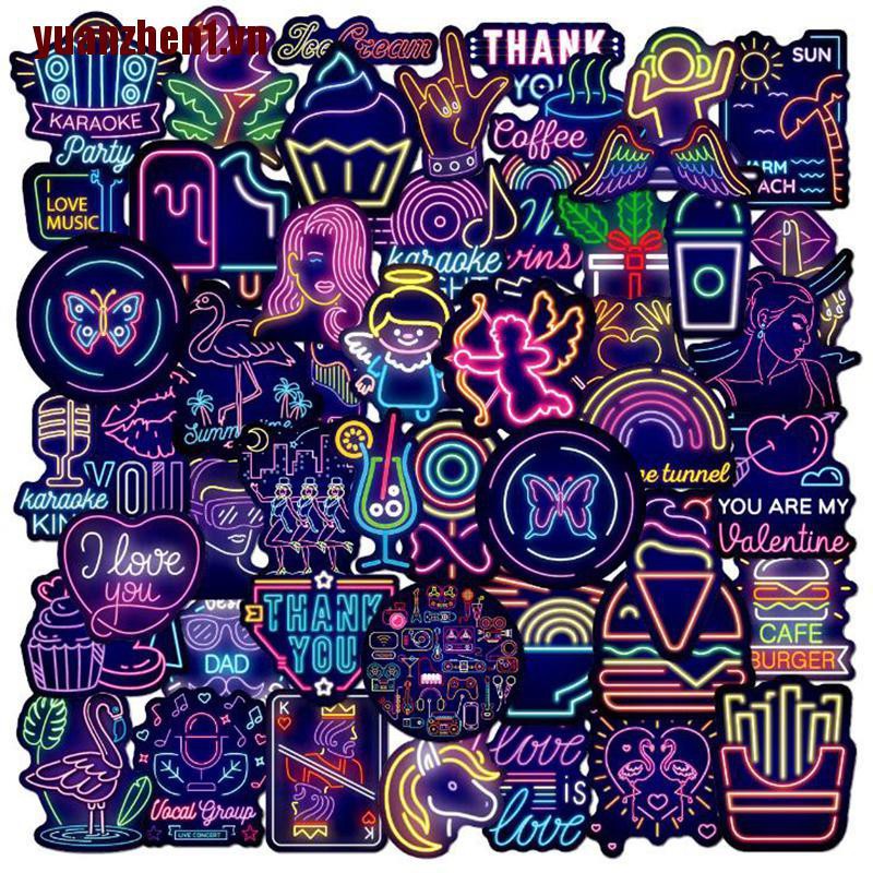 1 [Yuanzhen] 50 Miếng Dán Chống Thấm Nước Màu Neon Trang Trí Laptop Ván Trượt Guitar Guitar