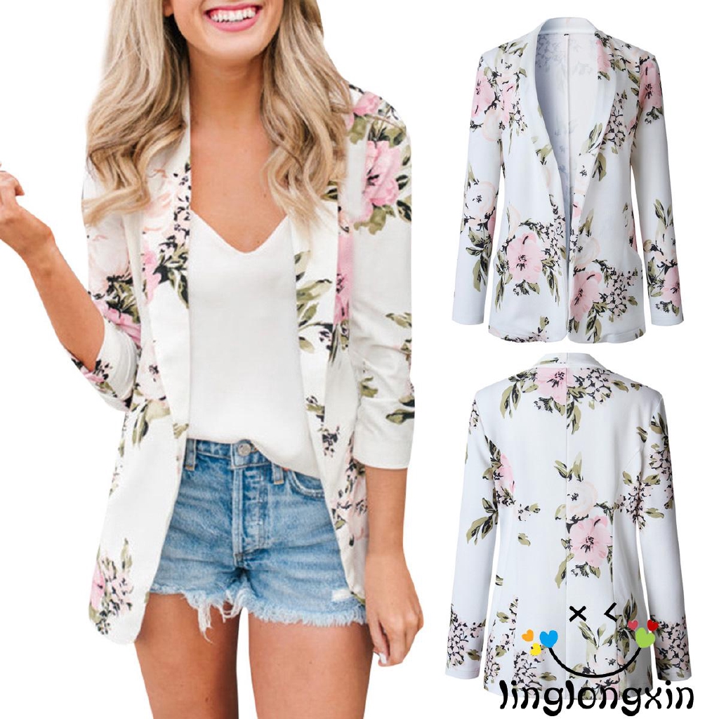 ☀POP☁Fashion Women 3/4 Sleeve Blazer Casual Floral Print Slim Cardigan Work Office Outerwear
