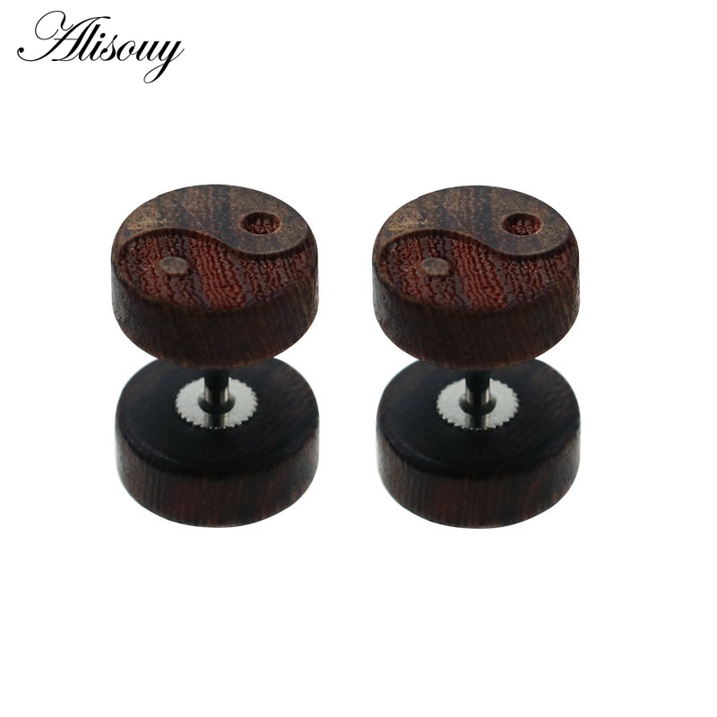 Set 2 Khuyên Tai Gỗ Xỏ Lỗ 6 / 8 / 10 / 12mm Màu Đen / Nâu Tự Nhiên Cho Nam Và Nữ