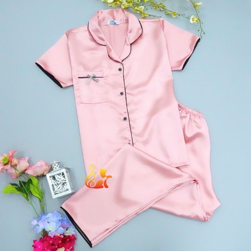 Bộ lụa satin dài Bộ mặc nhà nữ đẹp