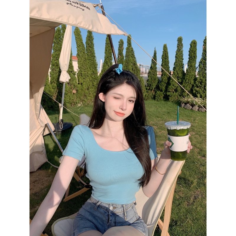 Cocory vn Áo thun tay ngắn thiết kế hở lưng gợi cảm