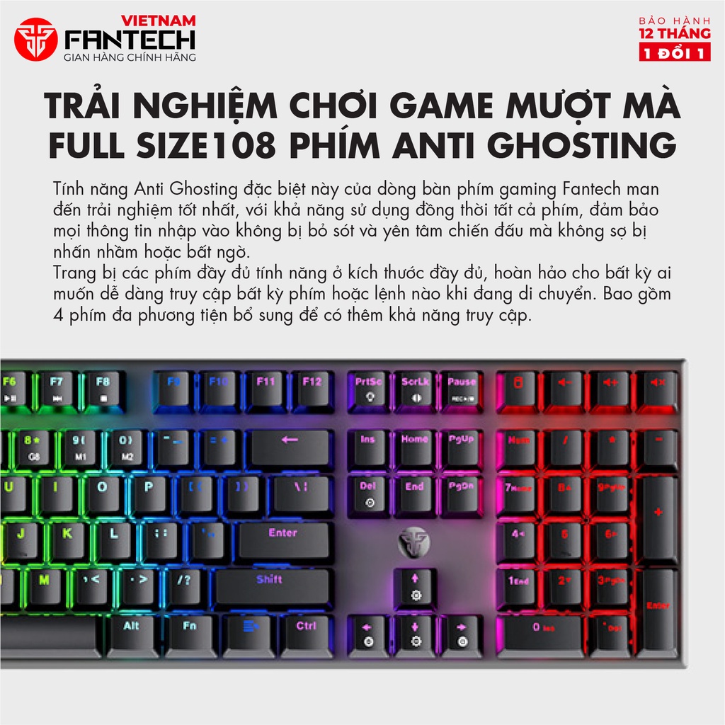 Bàn Phím Cơ Gaming MK855 MAXFIT108 Blue/Red Switch Đèn Led RGB 108 Phím + 4 Phím Media - Hàng Phân Phối Chính Hãng