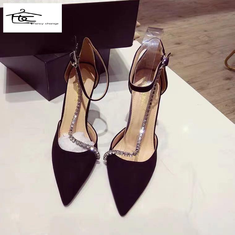 Giày Cao Gót 2022 Màu Đen Đính Đá Trang Trí Sang Trọng Thời Trang Xuân Thu Cho Nữ