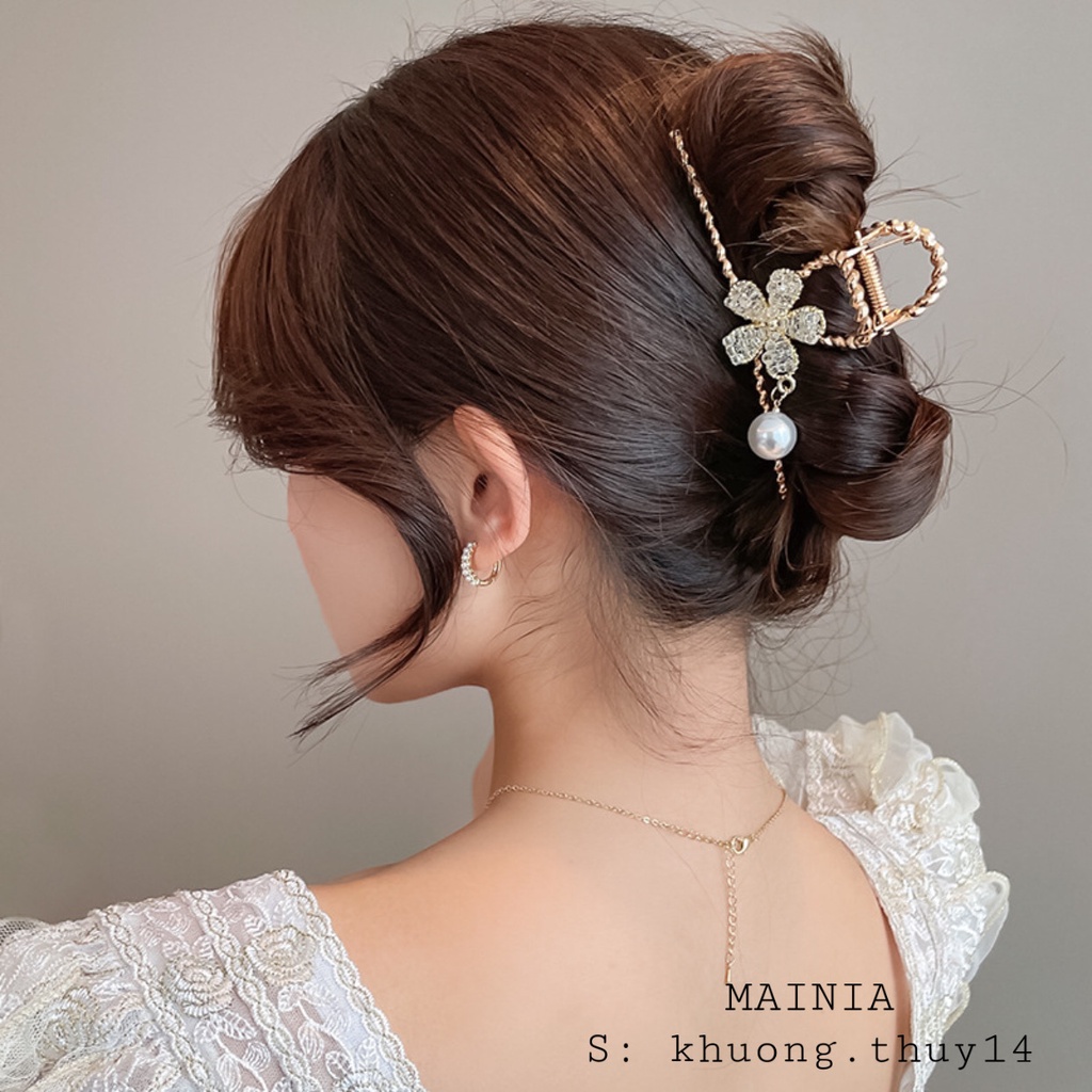 Kẹp Tóc Càng Cua Kim Loại Hàn Quốc Phối Hoa Mai Pha Lê Đính Hạt Ngọc Siêu Đẹp Mainia Shop