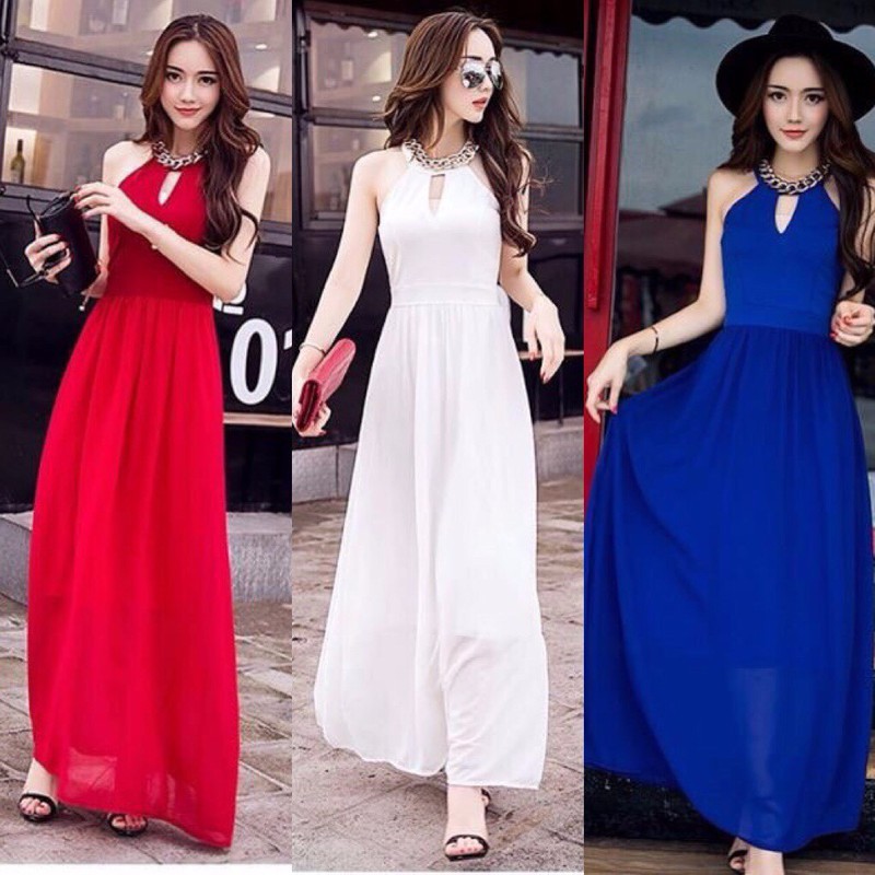 sale đầm maxi voan phối xích cổ hot