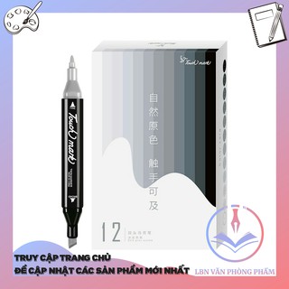 Set bộ 12 chiếc bút dạ tô màu vẽ touchmark 2 đầu theo tone màu và bảng màu xám ấm xám lạnh xám xanh pastel cơ bản