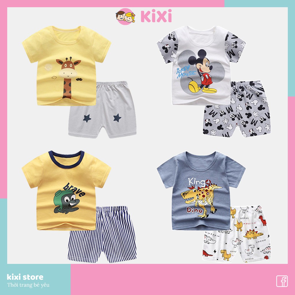 Bộ quần áo cộc tay bé trai KIXI hình in thú giặt không bay, thiết kế cổ tròn, chất liệu cotton co giãn siêu mát CMQA05