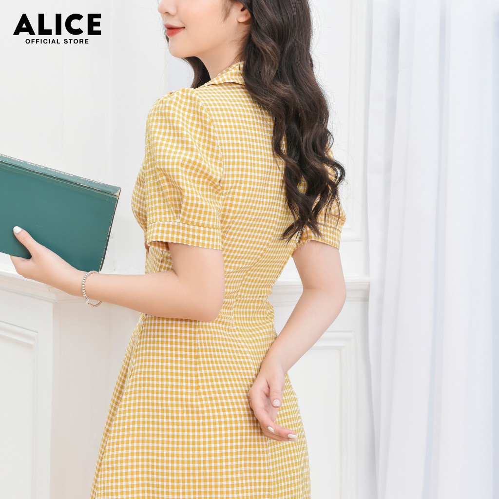 Đầm Thiết Kế Nữ Công Sở ALICE Dáng Dài Xòe Xếp Ly Tay Bồng Cổ Vest Họa Tiết Kẻ Thanh Lịch V667