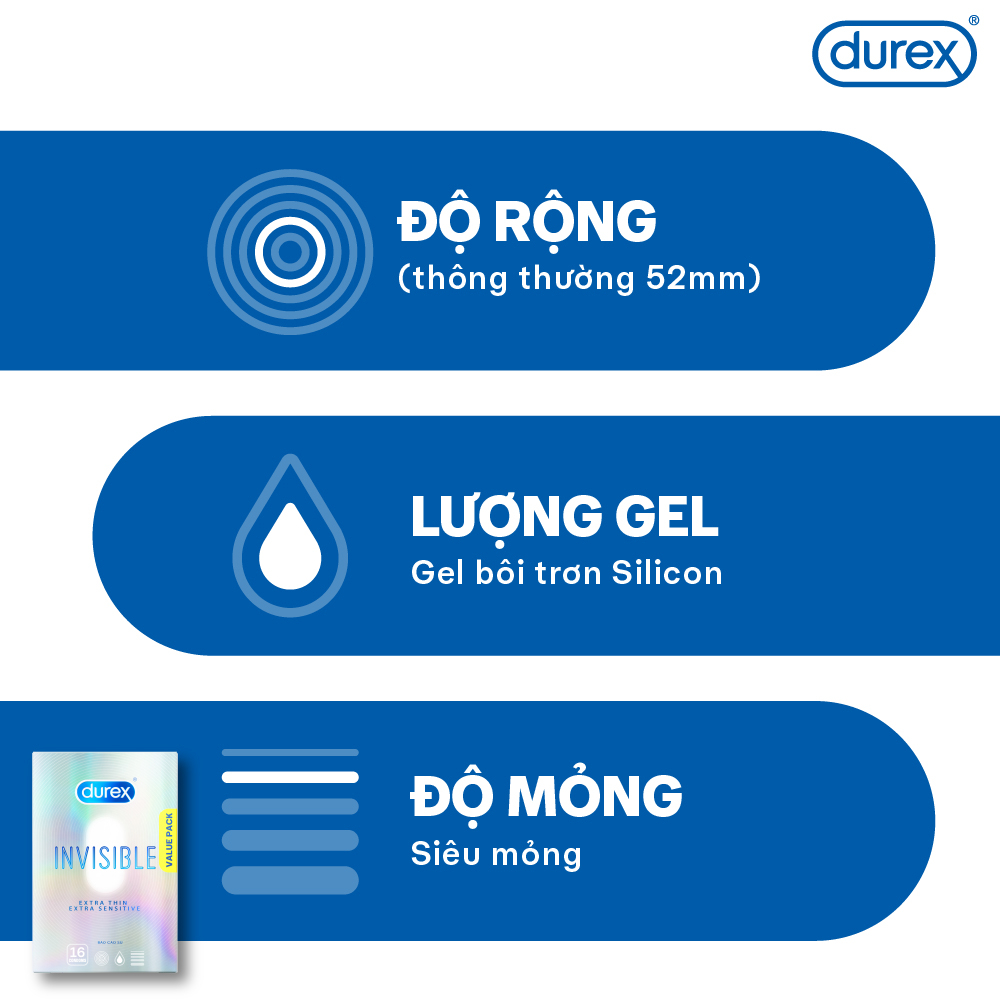 [ĐỘC QUYỀN] Bao Cao Su Durex Invisible Siêu Mỏng, Size 52 mm, Hộp 16 Bao Mới Ra Mắt - Hộp Lớn Siêu Tiết Kiệm