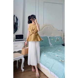 SALE SET ÁO LỤA TẰM VÀNG NƠ MIX CV LY TRẮNG DÀI