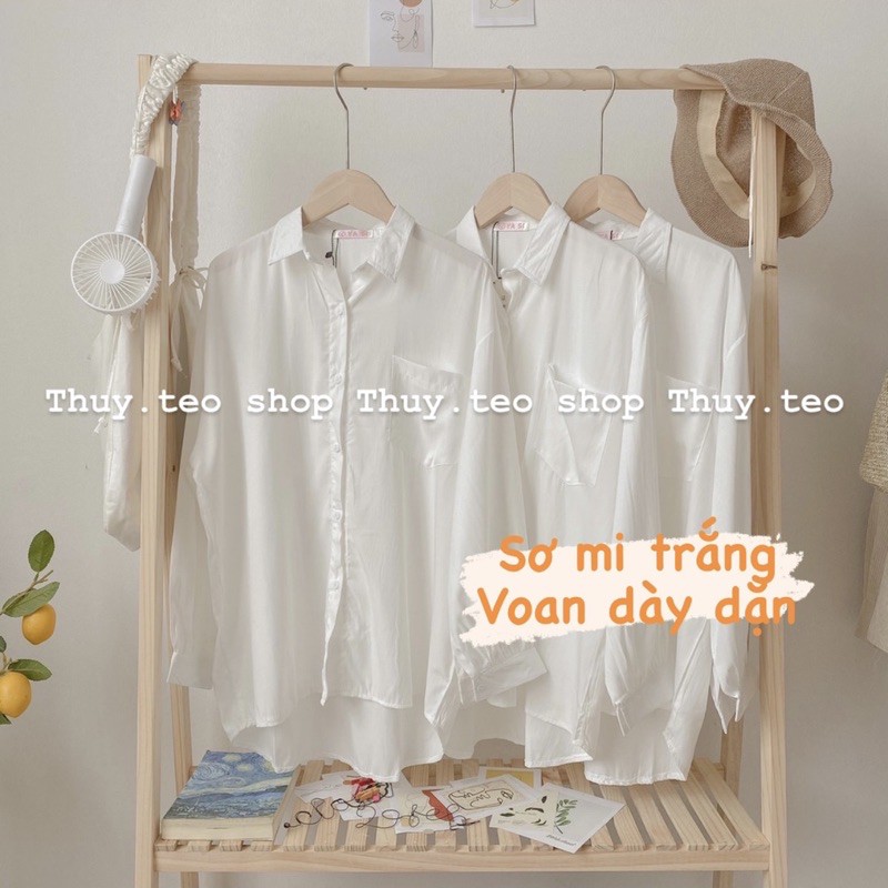 Áo sơ mi trắng lụa hàn oversize tay phồng (Ảnh thật)