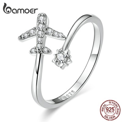 Bamoer Bạc 925 Nhẫn Thời Trang Máy Bay Họa Tiết Du Lịch Trang Sức SCR623