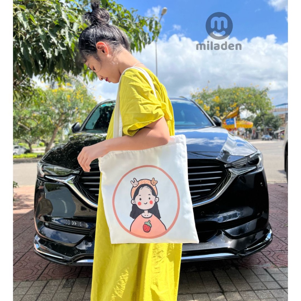 Túi tote vải Girl Dâu Tây, đi chơi, đi học, du lịch chụp ảnh sống ảo MILADEN