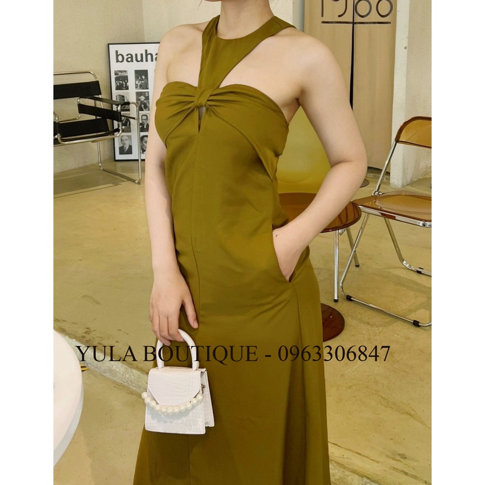 Đầm maxi cổ yếm xanh rêu, váy cổ yếm nơ ngực hàng loại 1 ( ảnh thật)