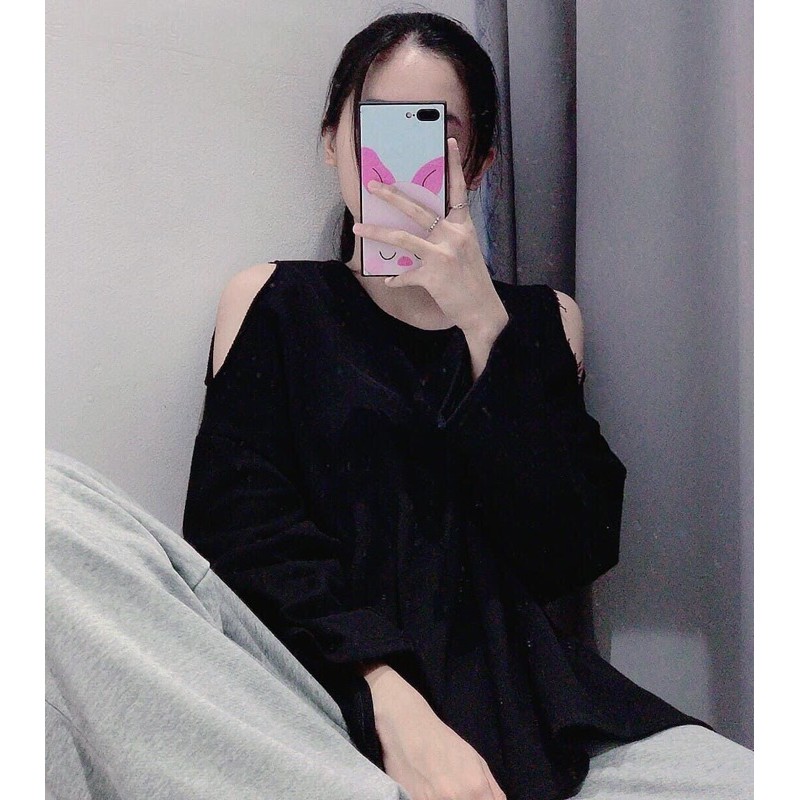 Áo oversize tay dài xẻ tà chéo lưng khoét vai đen trắng xám