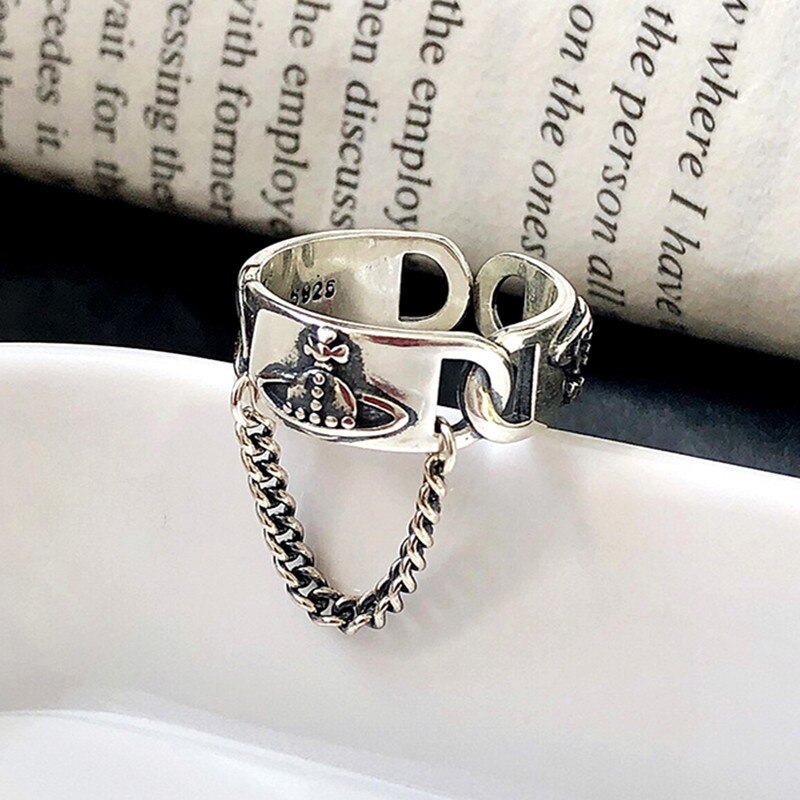 Distressed Vintage Trendy Globe Design Rings With Chain Open End Adjustable Size Fashion Jewelry