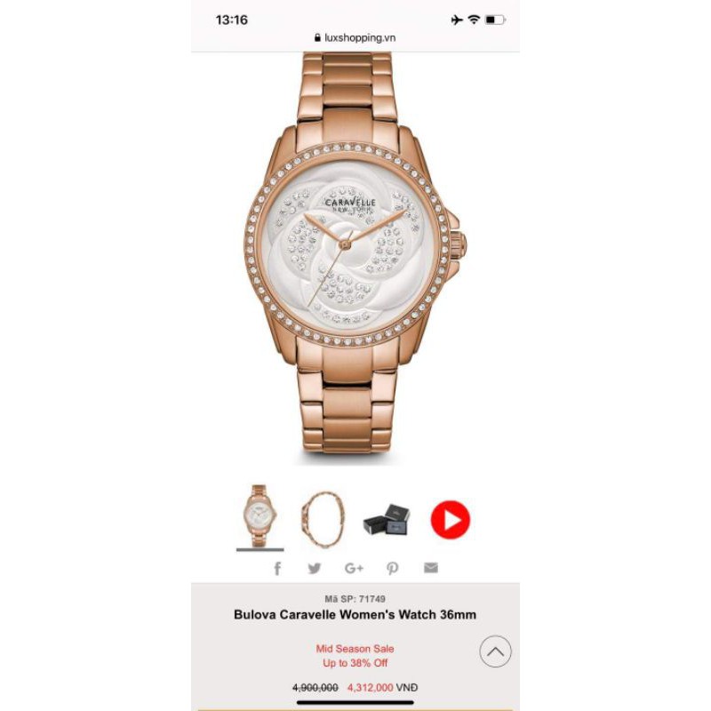 Đồng hồ nữ Caravelle 44L233 Crystal Dây kim loại rosegold size 36mm