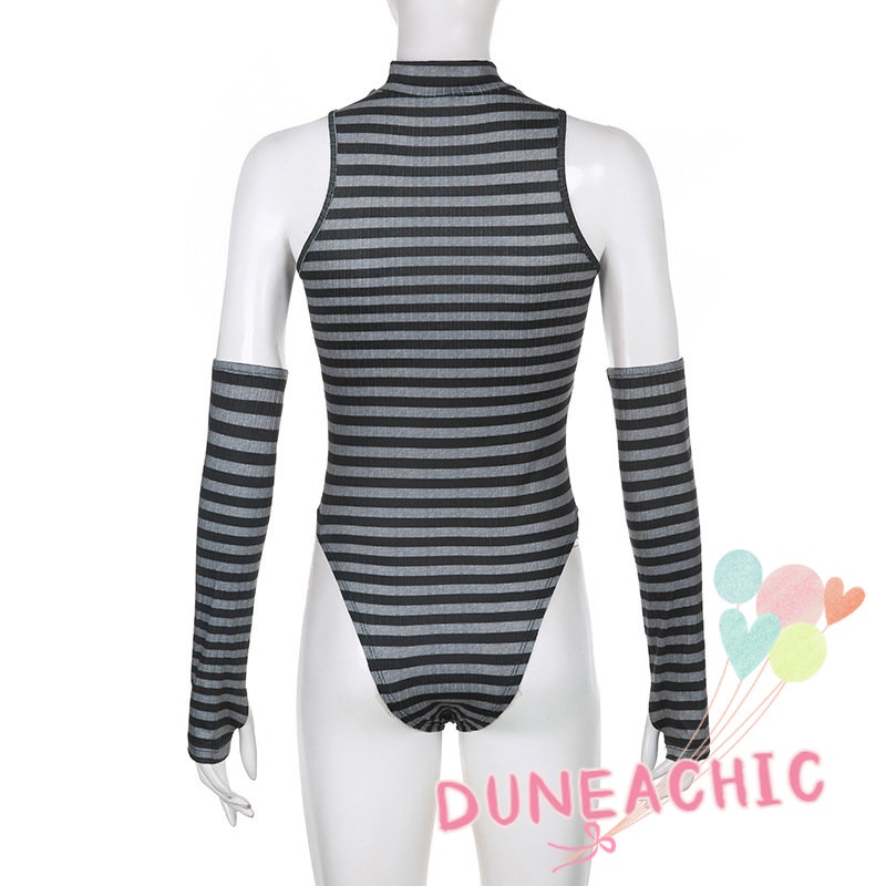 DUNEA Áo Liền Quần Cổ Cao Kẻ Sọc Kèm Găng Tay Quyến Rũ Cho Nữ